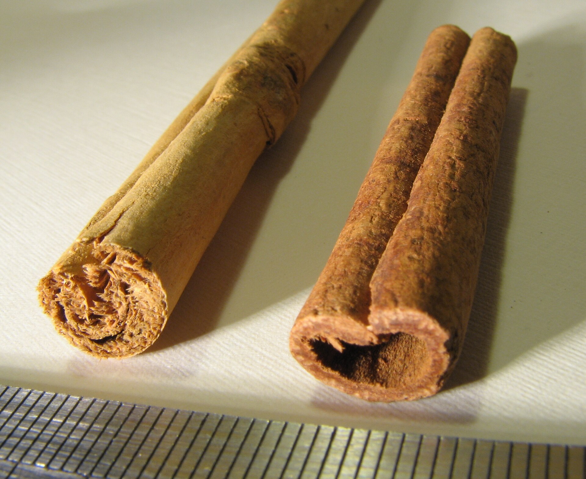 Dos rajas de canela lado a lado, a la izquierda la de Ceylán, clara y hecha de muchas capas finas, a la derecha la cassia, oscura y gruesa
