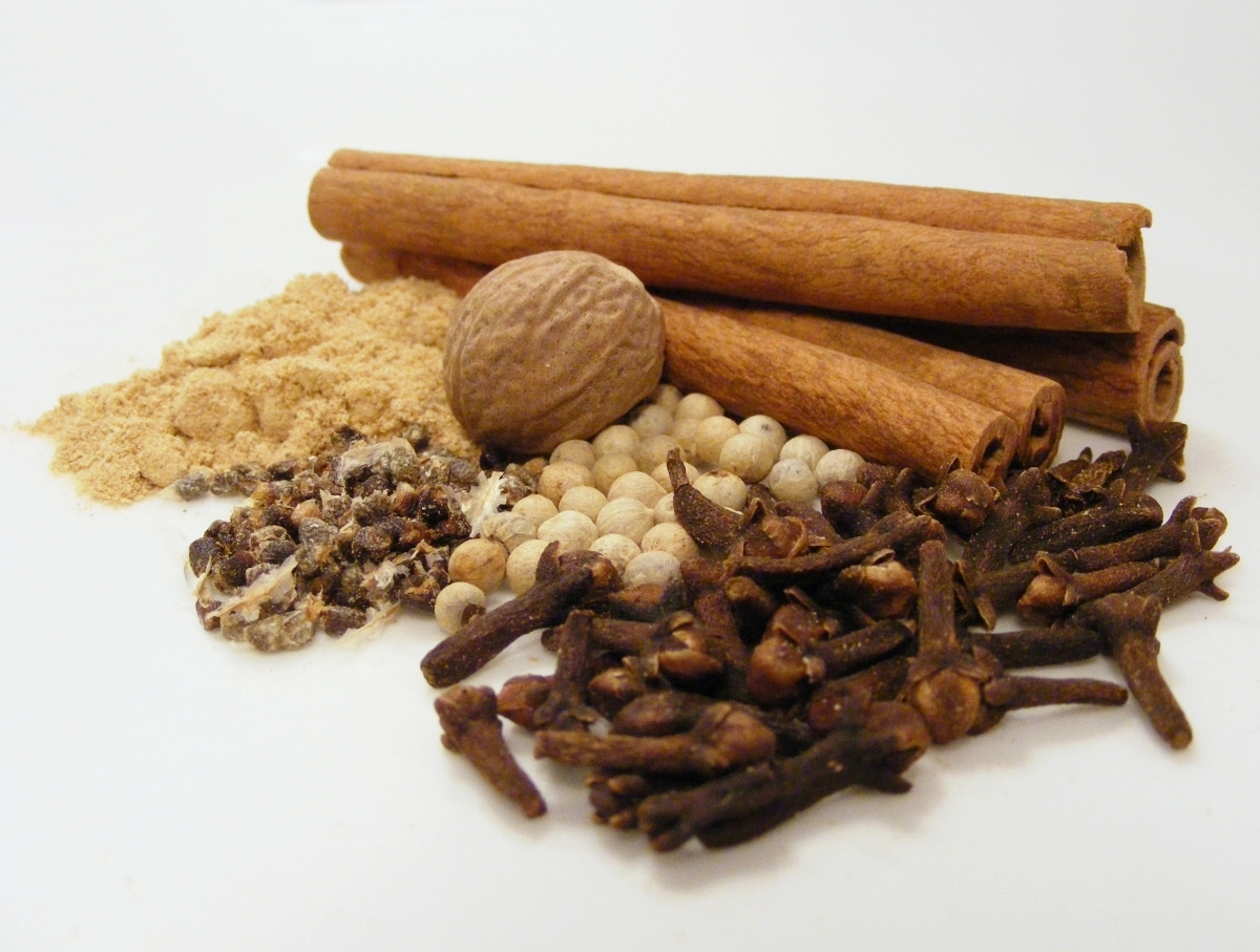 Las especias sueltas de una mezcla para Lebkuchen, una junto a otra: rajas de canela, nuez moscada, clavos, pimienta blanca y jengibre molido